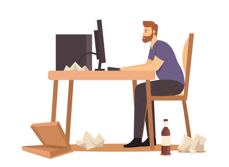 Overweight Male Character Sitting at Desk Working on Computer with Fast Food Package, Bottles and Paper Rubbish aroundのイラスト素材