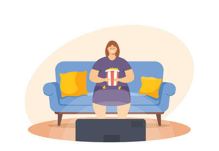 Unhealthy Eating, Bad Habit Concept. Fat Lazy Woman Sit on Couch at Home with Fast Food Watching Tv. Fastfood Addictionのイラスト素材