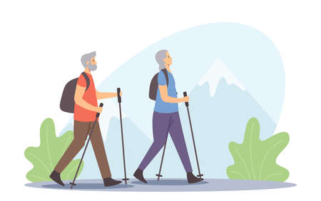 Active Seniors Healthy Lifestyle. Elderly People Nordic Walking, Open Air Workout with Sticks. Aged Couple Outdoor Sportのイラスト素材