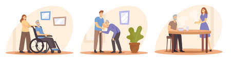 Set Caregiving of Elderly Concept. Young People Care of Seniors. Caregiver Bring Food, Help to Walk and Push Wheelchairのイラスト素材