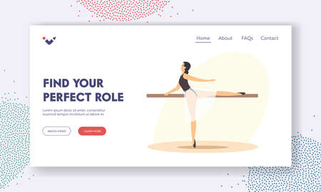 Ballerina Page Template. Girl Training in Ballet Dance Studio Perform Basic Arms and Legs Moves on One Dancer Exampleのイラスト素材