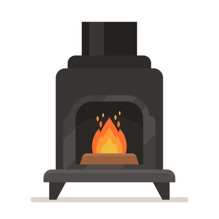 Metal Fireplace With Burning Fire. Iron Black Stove with Chimney Isolated on White Background, Indoors Modern Systemのイラスト素材