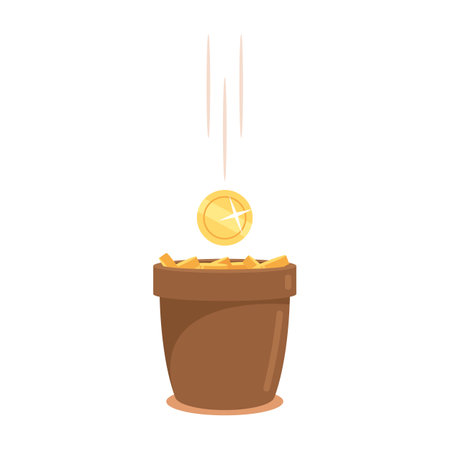 Money Growth, Capital Gain, Investment, Pension Wealth Business Concept. Dollar Coin Falling in Flower Pot Full of Coinsのイラスト素材