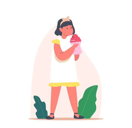 Little Girl Drinking Clean Water, Milk or Juice. Kid with Baby Bottle and Straw Enjoying Fresh Drink, Refreshmentのイラスト素材