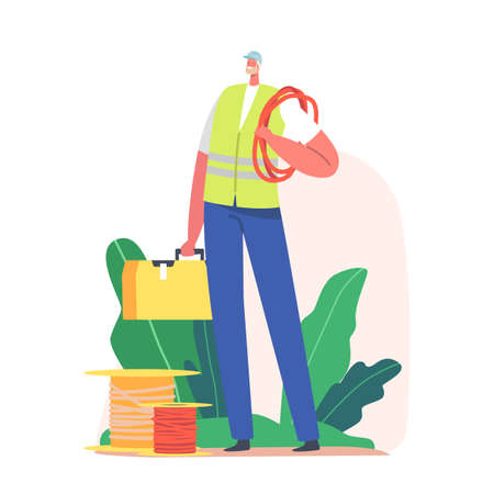 Electrician Worker with Tools. Male Character Wear Uniform and Hardhat Ready for Maintenance and Repairing Worksのイラスト素材