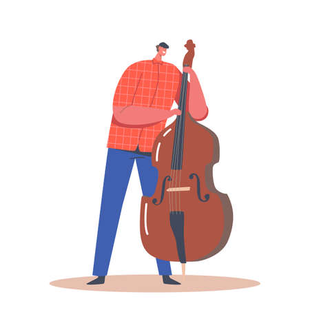 Artist Male Character Playing Contrabass. Music Jazz Band Entertainment Concert. Double Bass Player Perform Musicianのイラスト素材