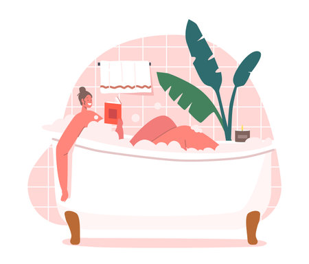 Young Woman Relaxing in Bathtub with Book in Hands. Happy Female Character Hygiene and Beauty Procedure. Girl Washingのイラスト素材