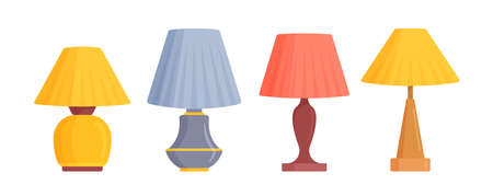 Set Table Work Lamps, Desk Bulbs and Torcheres of Modern Design with Colorful Shades. Electric Supplies for Home Decorのイラスト素材