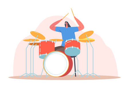 Music Band Entertainment Show. Excited Drummer Playing Hard Rock Music with Sticks on Drums. Talented Musician Performのイラスト素材