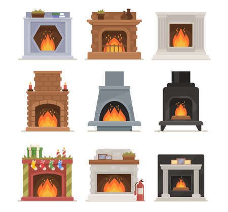 Set of Burning Fireplace Design. Indoors Heating System in Modern and Vintage Style. Classic and Modern Stoves with Fireのイラスト素材