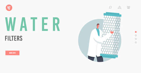 Man Scientist with Huge Water Filter Landing Page Template. Tiny Character with Treatment or Filtration System Equipmentのイラスト素材