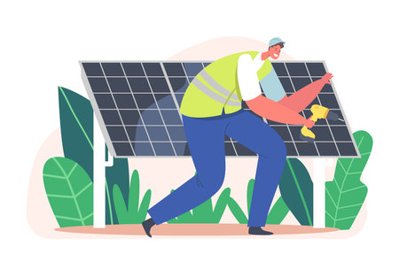 Electrician Worker Installing Solar Panels, Alternative Clean Energy Concept with Engineer Character with Instrumentのイラスト素材