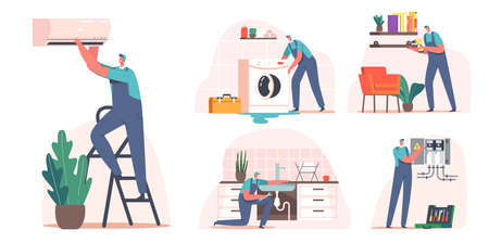 Set Repair Service, Electrician, Plumber Call Master at Work. Handyman Masters Male Characters in Uniform Workingのイラスト素材