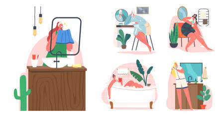 Set Women Daily Routine Concept. Young Female Characters Morning Hygiene Procedures Taking Bath or Shower, Comb Hairのイラスト素材