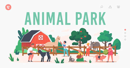 Little Kids Visit Contact Zoo Landing Page Template. Children Feeding Animals, Petting Domestic Llama, Rabbits, Pigletのイラスト素材
