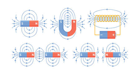 Bar and Horseshoe Magnets, Educational Magnetism Physics Science, Induction and Attraction. Compass Navigation Toolのイラスト素材