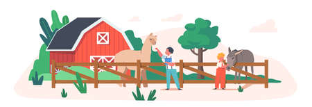 Cheerful Kids Feeding Cute Llama and Donkey at Farm or Outdoor Contact Zoo Park. Boy and Girl Giving Food to Animalsのイラスト素材