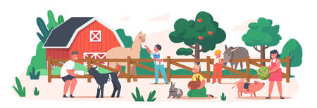 Little Kids Visit Contact Zoo. Children Feeding Animals, Toddlers Characters Petting Llama, Rabbits, Piglet and Goatlingのイラスト素材