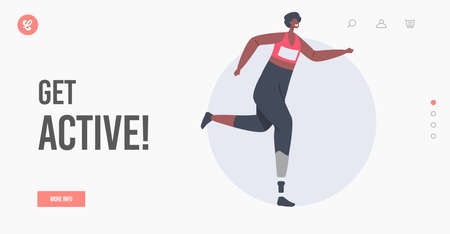 Disabled Woman Run Landing Page Template. Athlete Sportswoman Character Jogging on Bionic Leg Prosthesis, Amputee Racingのイラスト素材