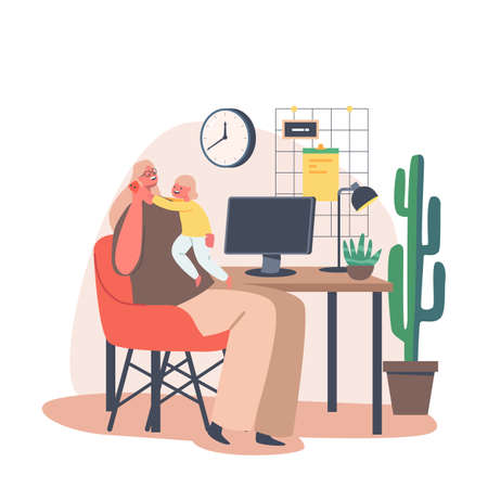 Young Mother Character Work on PC with Daughter on Hands. Multitasking Business Woman Remote Work from Homeのイラスト素材