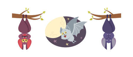 Set Cute Bats, Vampire Comic Animals, Halloween Characters, Cartoon Funny Personages with Smiling Muzzle Hang or Flyingのイラスト素材