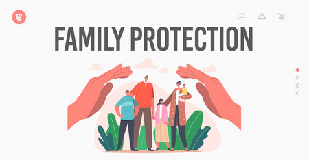 Family Protection Landing Page Template. Parents and Children Characters Stand under Huge Human Hands. Social Supportのイラスト素材