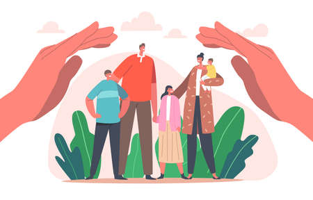 Family Protection Concept. Parents and Children Characters Stand under Huge Human Hands Protecting Mother, Father, Kidsのイラスト素材