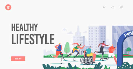 Healthy Lifestyle Landing Page Template. Disabled Athletes Run City Marathon, Sportsmen on Wheelchair or Leg Prosthesisのイラスト素材