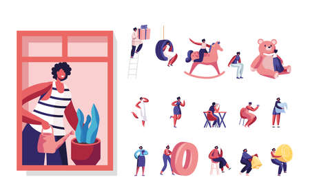 Set of Women Lifestyle. Young Female Characters Watering Home Plants, Playing with Toys, Reading Book and Drink Coffeeのイラスト素材