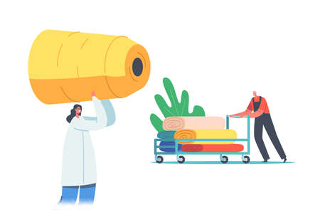 Textile Factory Production Transportation and Storage. Worker with Thread Reel and Fabric Rolls on Trolley, Manufactureのイラスト素材