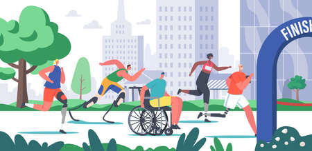 Disabled Athlete Characters Run City Marathon, Sportsmen and Sportswomen on Wheelchair or Bionic Leg Prosthesis Runningのイラスト素材