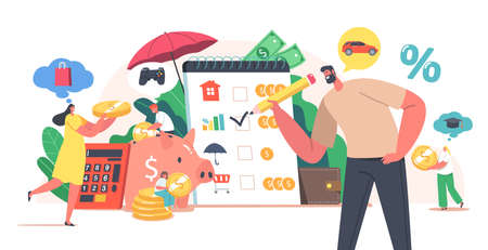 Family Budget Planning Concept. People Earn and Save Money, Tiny Male and Female Characters Collect Coins to Piggy Bankのイラスト素材