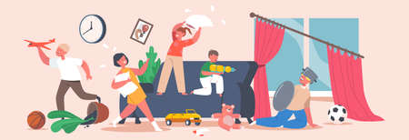 Naughty Hyperactive Children Fighting. Girls and Boys Playing, Making Mess in Room. Kids Fooling and Fight on Pillowsのイラスト素材