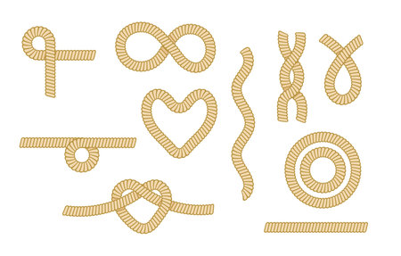 Set Sea Rope Knots, Nautical Marine Cords Heart, Eight, Circle and Wavy Elements Isolated on White Backgroundのイラスト素材