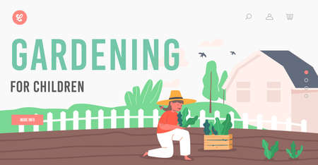 Gardening for Children Landing Page Template. Little Girl Farmer or Cottager Working in Garden Planting Green Sproutsのイラスト素材