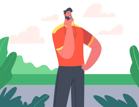 Coach or Trainer Male Character Whistle. Instructor Wear Sports Suit Stand on Stadium Conduct Workout or Exercisesのイラスト素材
