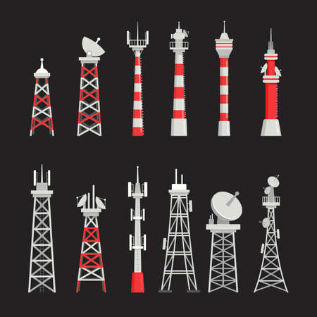 Set of Telecommunication Towers, Radio Masts, Communication Satellite Signal Transmitters. Different...