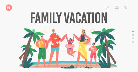 Family Vacation Landing Page Template. Happy Characters on Summer Beach. Mother, Father, Daughter and Sons Playingのイラスト素材