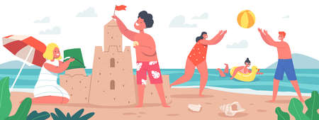 Happy Kids on Vacation, Little Children Characters on Beach Building Sand Castle and Playing Ball at Seasideのイラスト素材
