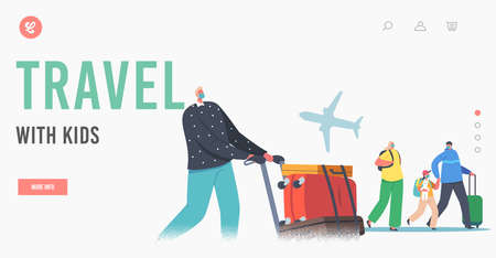 Family Travel with Children Landing Page Template. Parents and Kids in Airport with Luggage Fly for Holidaysのイラスト素材