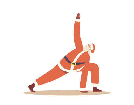 Santa Doing Side Angle Yoga Pose, Christmas Winter Holiday Sport Healthy Character Stand in Relax Pose, Cute Santa Clausのイラスト素材