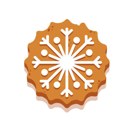 Christmas Gingerbread Cookie in Shape Snowflake, Xmas Traditional Snack, Cartoon Sweets, Decorated Pastry with Icingのイラスト素材