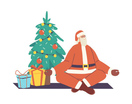 Santa Claus Meditate at Christmas Tree with Gifts around Sitting in Lotus Yoga Pose. Winter Character Holiday Meditationのイラスト素材