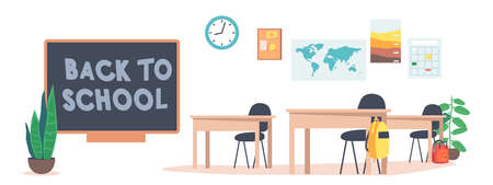 Empty Classroom Interior, School or College Class With Teacher Table, Blackboard With Back to School Inscriptionのイラスト素材