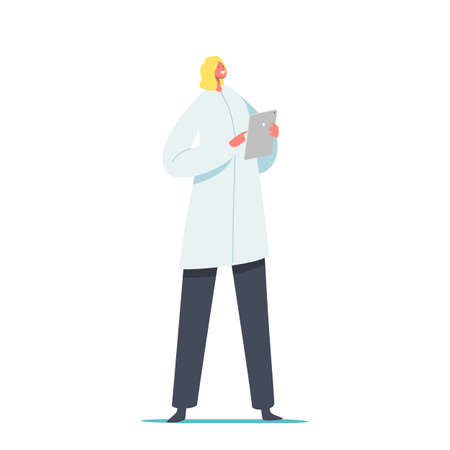 Female Doctor Podiatrist or Therapist Character in Medical Robe Hold Clipboard Stand in Clinic Chamber. Hospital Staffのイラスト素材