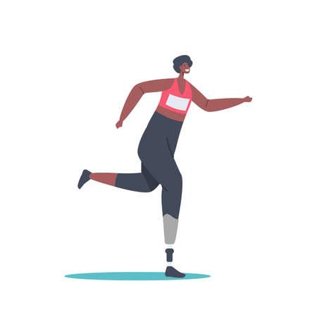 African Sportswoman Character Run Marathon, Amputee Girl Training, Athlete with Leg Prosthesis, Disabled Woman Exerciseのイラスト素材