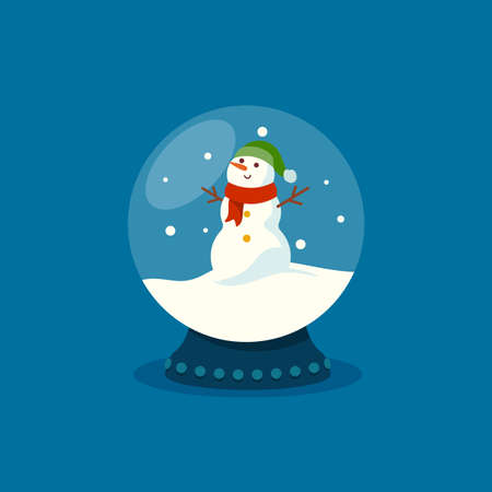 Glass Snow Globe with Funny Snowman and Snow Falling Inside, Christmas Souvenir Isolated on Blue Backgroundのイラスト素材