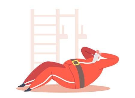 Santa Doing Exercises for Weight Loss and Healthy Body. Christmas Sport Training, Healthy Character Pumping Pressureのイラスト素材