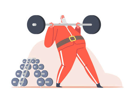Santa Training with Barbell in Gym, Funny Senior Character Healthy Lifestyle, Bodybuilding and Powerlifting Sportsmanのイラスト素材