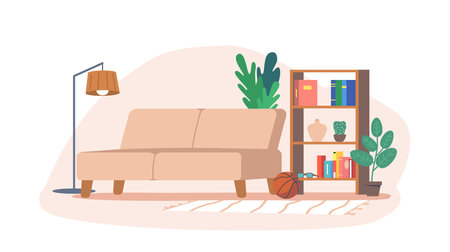 Living Room Interior with Furniture and Decor. Sofa, Shelf with Books, Plants and Glasses, Basketball Ball with Lampのイラスト素材